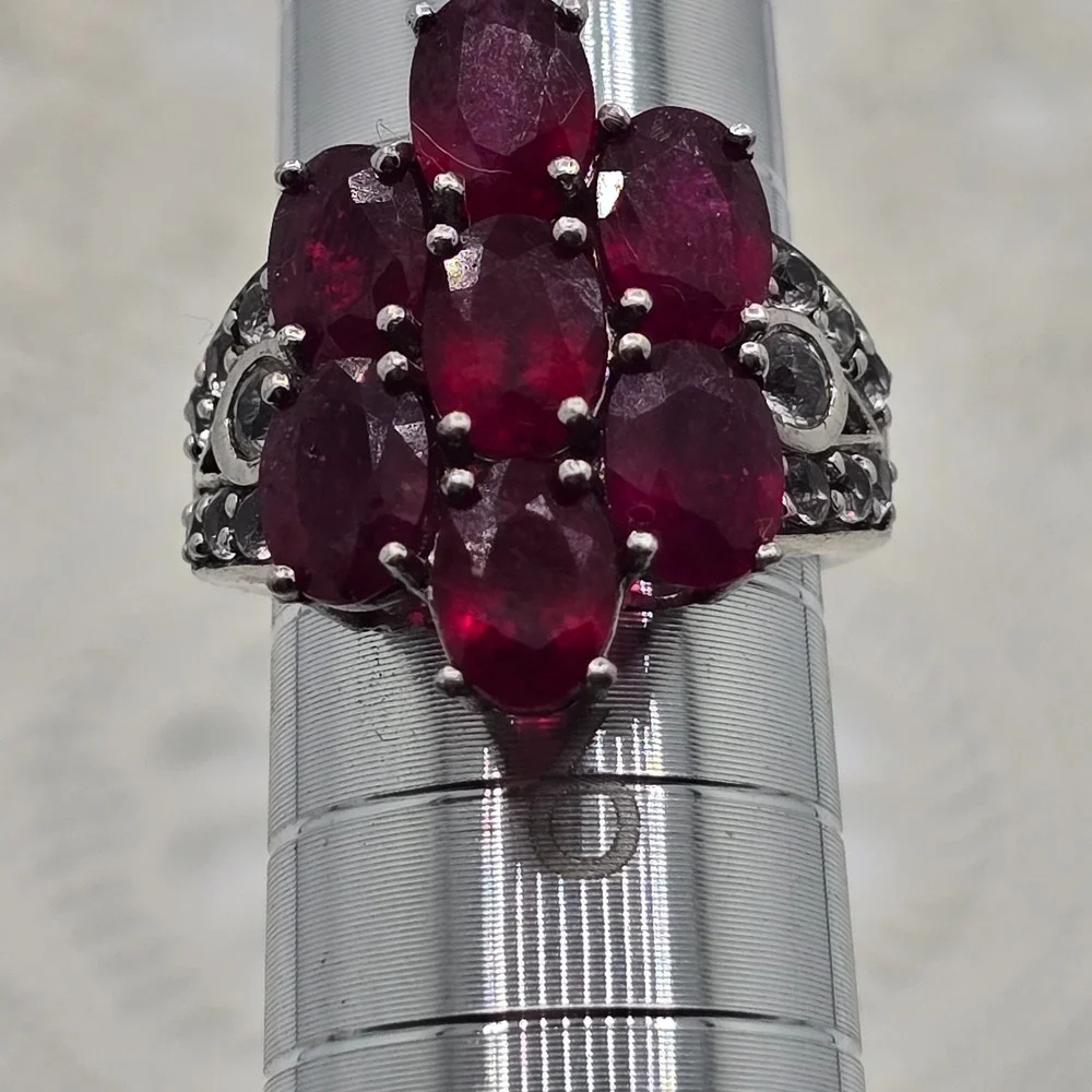 925 Cluster Ring Sterling Silver Red Colored Gemstone Flower Size 5